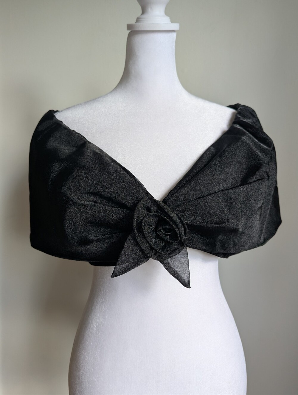 Vintage Black Organza Shawl Wrap Crop Top W Rosette Accent Evening Black Tie S